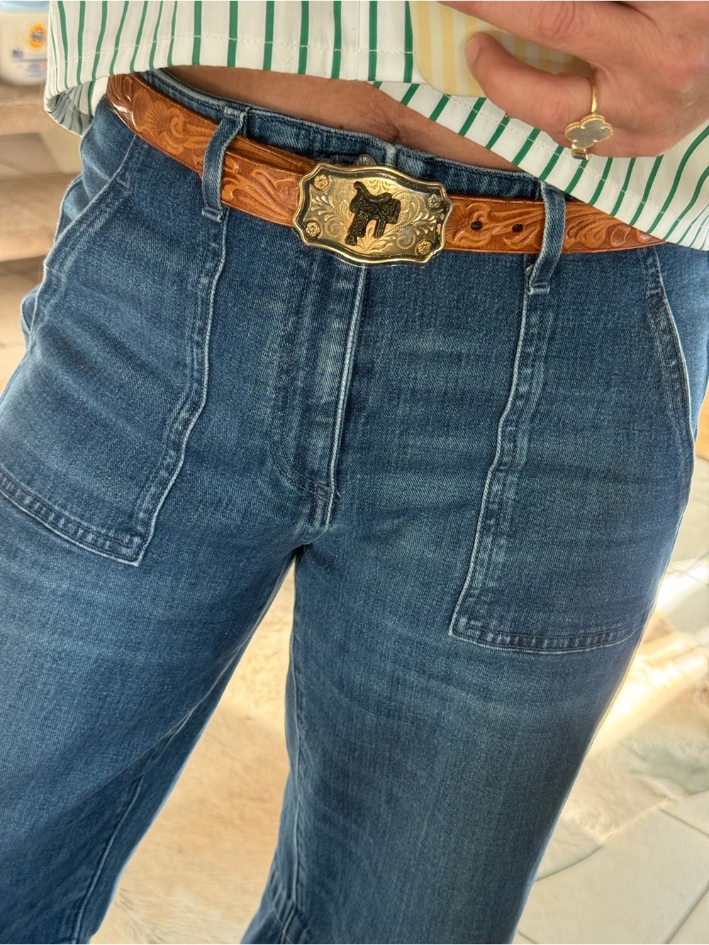 Tooled Leather Western Belt with Ornate Gold Buckle - Brown